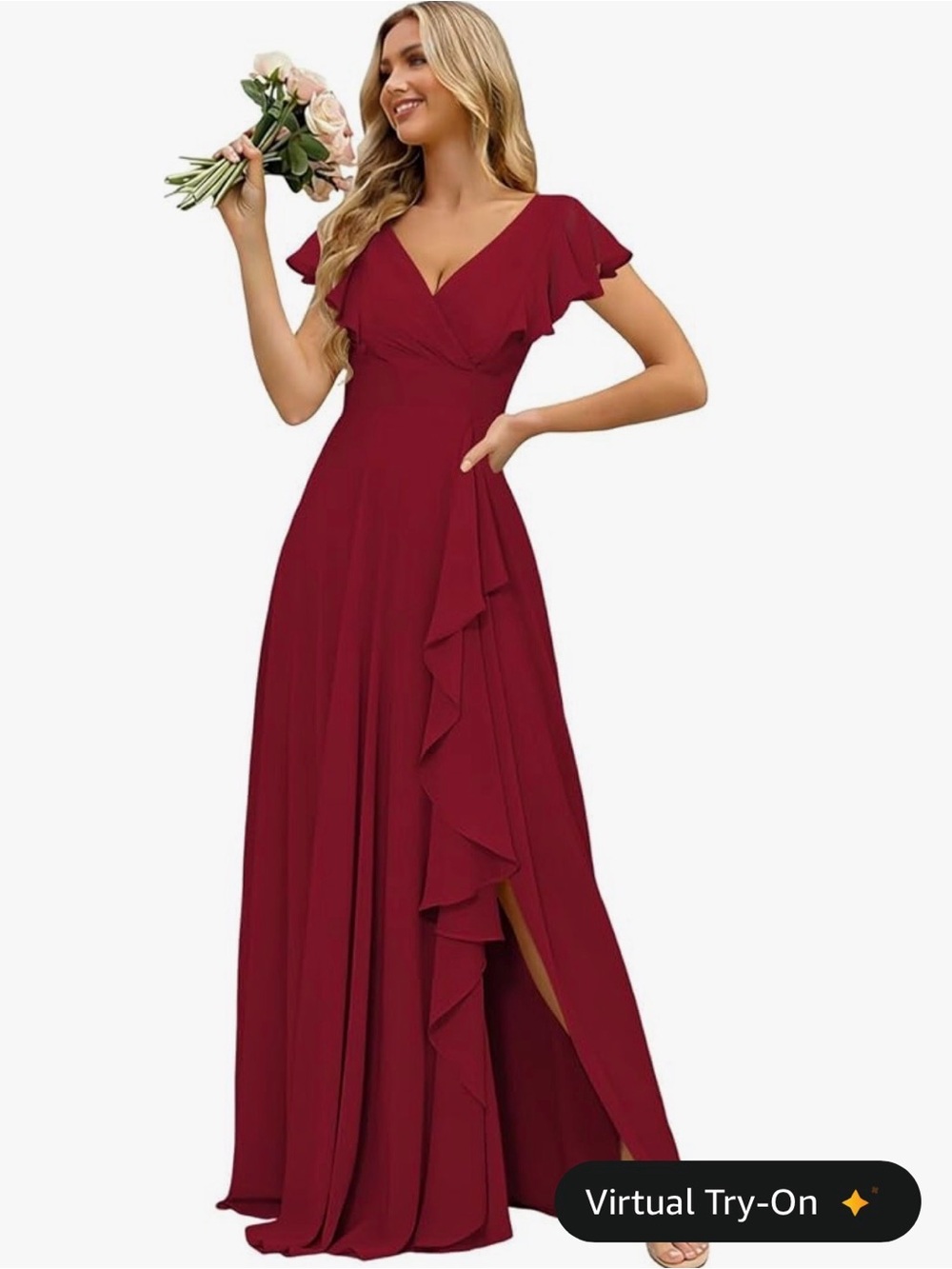 Elegant Burgundy Ruffle V-Neck Maxi Dress - Women